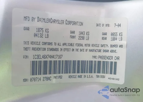 2004 Chrysler Sebring z USA, uszkodzony, nr VIN 1C3EL46X74N417167